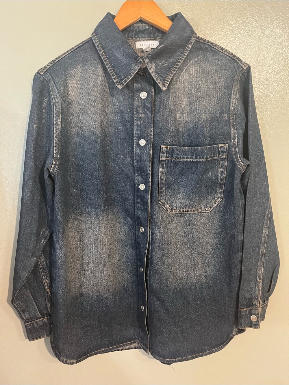 Top Shop Coated Denim Snap Up Shirt Shacket Size 4